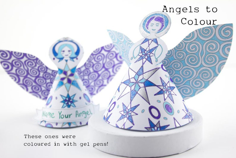 Adorno de ángel navideño de papel 2 ángeles para colorear, descarga e impresión de archivos pdf, decoración del hogar, adorno de mesa, decoración de árboles para regalos imagen 1