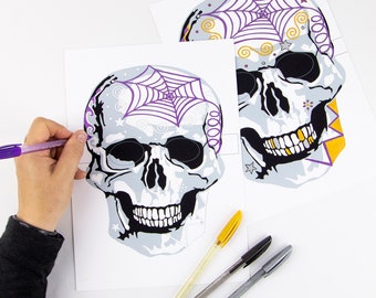 Spooky Skull mask, Day of the Dead, Sugar Skull, Halloween masks, 2 colour in masks, Adult and child activity, Skull masks PDF download