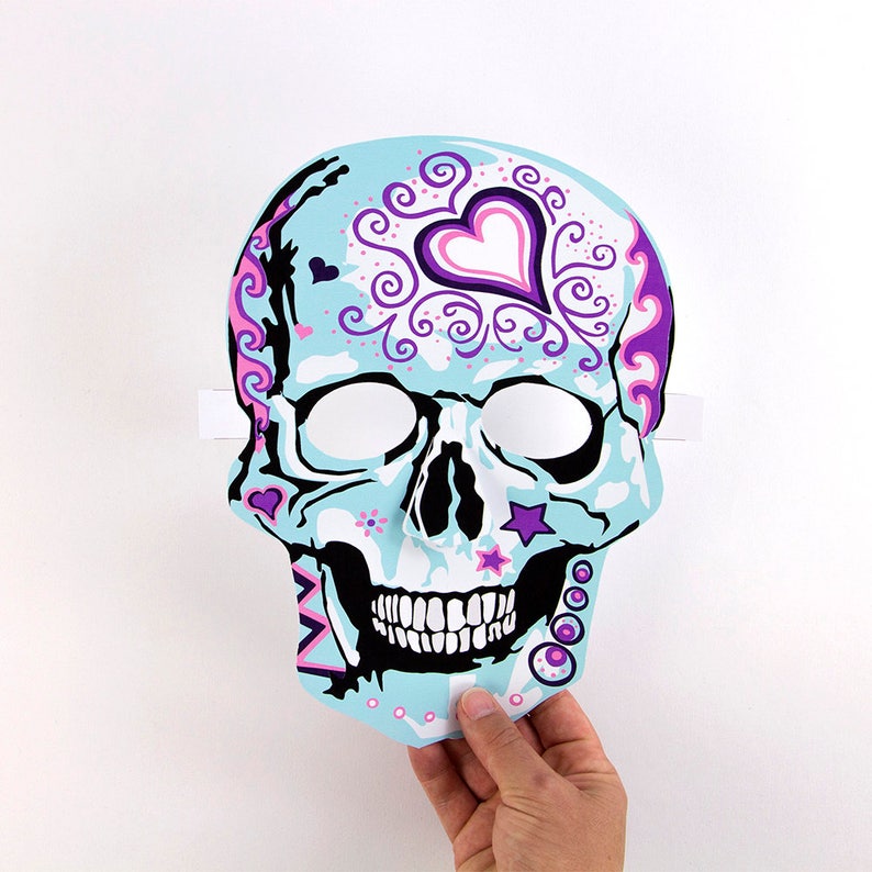 Day of the Dead, Día de Muertos, sugar skulls with heart design Adult and child activity, Masks to make image 8