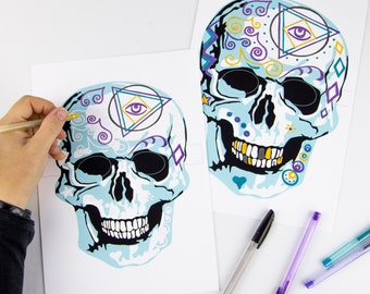 Halloween masks, Day of the Dead, Día de Muertos, Skull Mask, 2 colour in masks, Adult and child activity, Skull masks PDF download