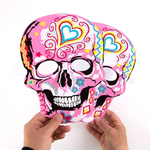 Día de Muertos, Day of the Dead, halloween mask,  sugar skulls with hearts 2 Pink Skull masks, Adult and child activity, Masks to make