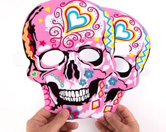 Día de Muertos, Day of the Dead, halloween mask,  sugar skulls with hearts 2 Pink Skull masks, Adult and child activity, Masks to make