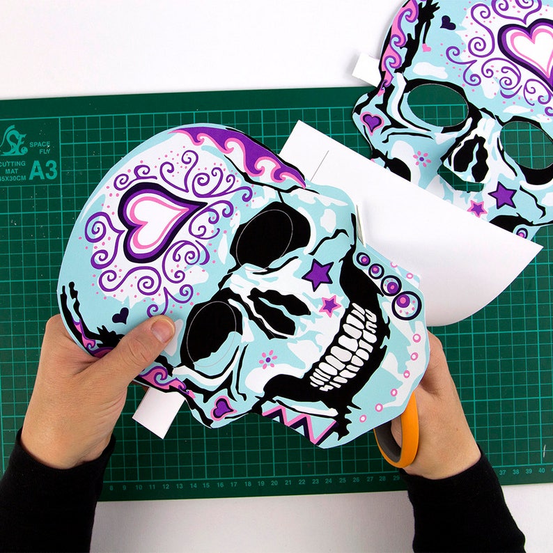 Day of the Dead, Día de Muertos, sugar skulls with heart design Adult and child activity, Masks to make image 6