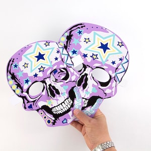 Paper Skull Masks, Day of the Dead, Día de Muertos, sugar skulls with star design Adult and child activity, Masks to make, Halloween mask