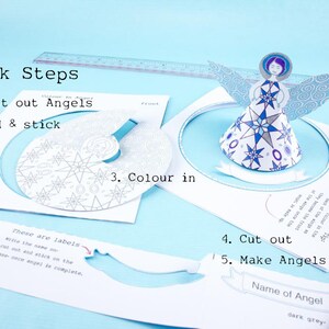 Adorno de ángel navideño de papel 2 ángeles para colorear, descarga e impresión de archivos pdf, decoración del hogar, adorno de mesa, decoración de árboles para regalos imagen 3
