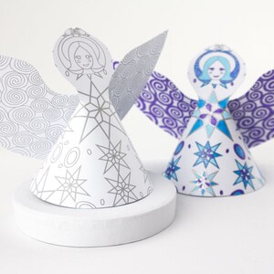 Adorno de ángel navideño de papel 2 ángeles para colorear, descarga e impresión de archivos pdf, decoración del hogar, adorno de mesa, decoración de árboles para regalos imagen 5