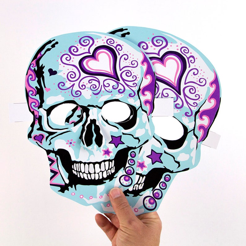 Day of the Dead, Día de Muertos, sugar skulls with heart design Adult and child activity, Masks to make image 7