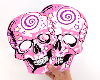 Máscaras de Calavera Rosa, Día de Muertos, Halloween, Día de Muertos, máscara de halloween, 2 máscaras, Actividad para adultos y niños, Máscaras para hacer