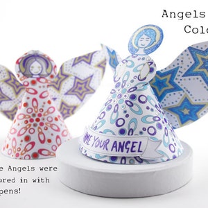 Printable Christmas Angels, Angels to color, detailed design festive activity, decor to make at home, to personalise with editable labels