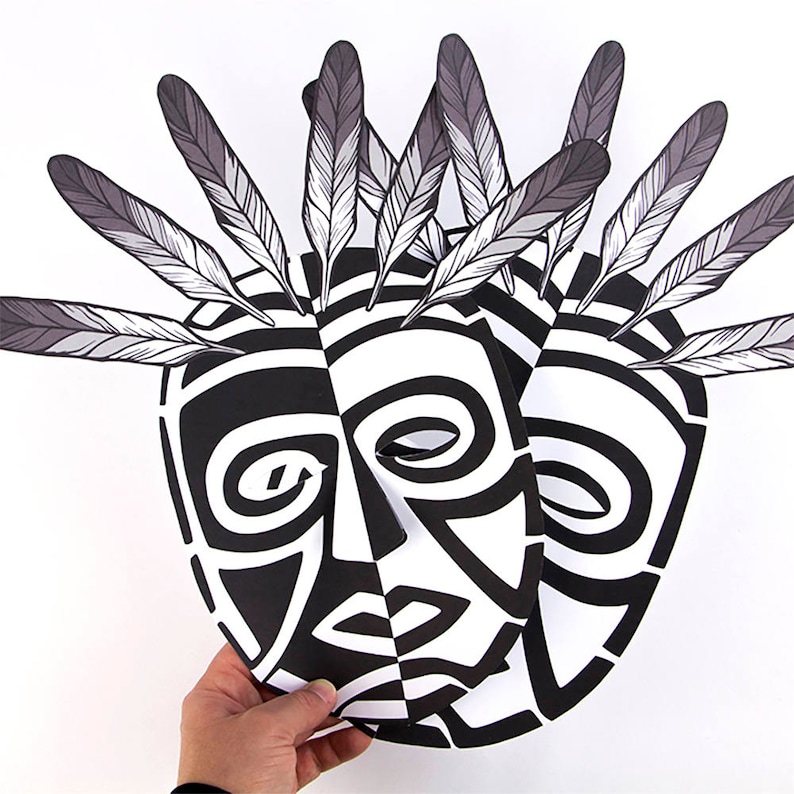 Paper Craft Witch doctor with feathers to wear or hang up Adult and child activity Shaman mask Halloween Spirit mask Masks to make