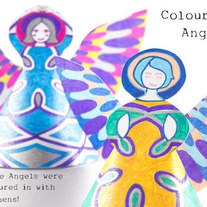 Christmas decor to colour in and make, pdf papercraft activity, 2 fairy ornaments