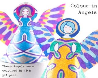 Christmas decor to colour in and make, pdf papercraft activity, 2 fairy ornaments