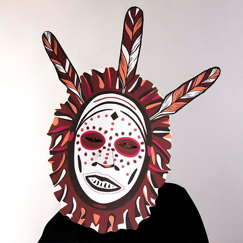Paper Craft Witch doctor with feathers to wear or hang up Adult and child activity Shaman mask Halloween Spirit mask Masks to make