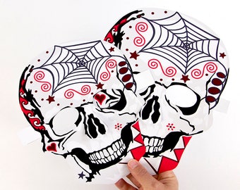 Manualidad de papel, Máscara de calavera de Halloween, Día de Muertos, Día de Muertos, Calaveras de azúcar con tela de araña, Actividad para adultos y niños, Máscaras para hacer