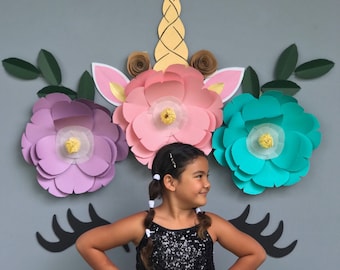 3D Unicorn flower, unicorn nursery wall, 3d pink unicorn, turquoise 3D flowers