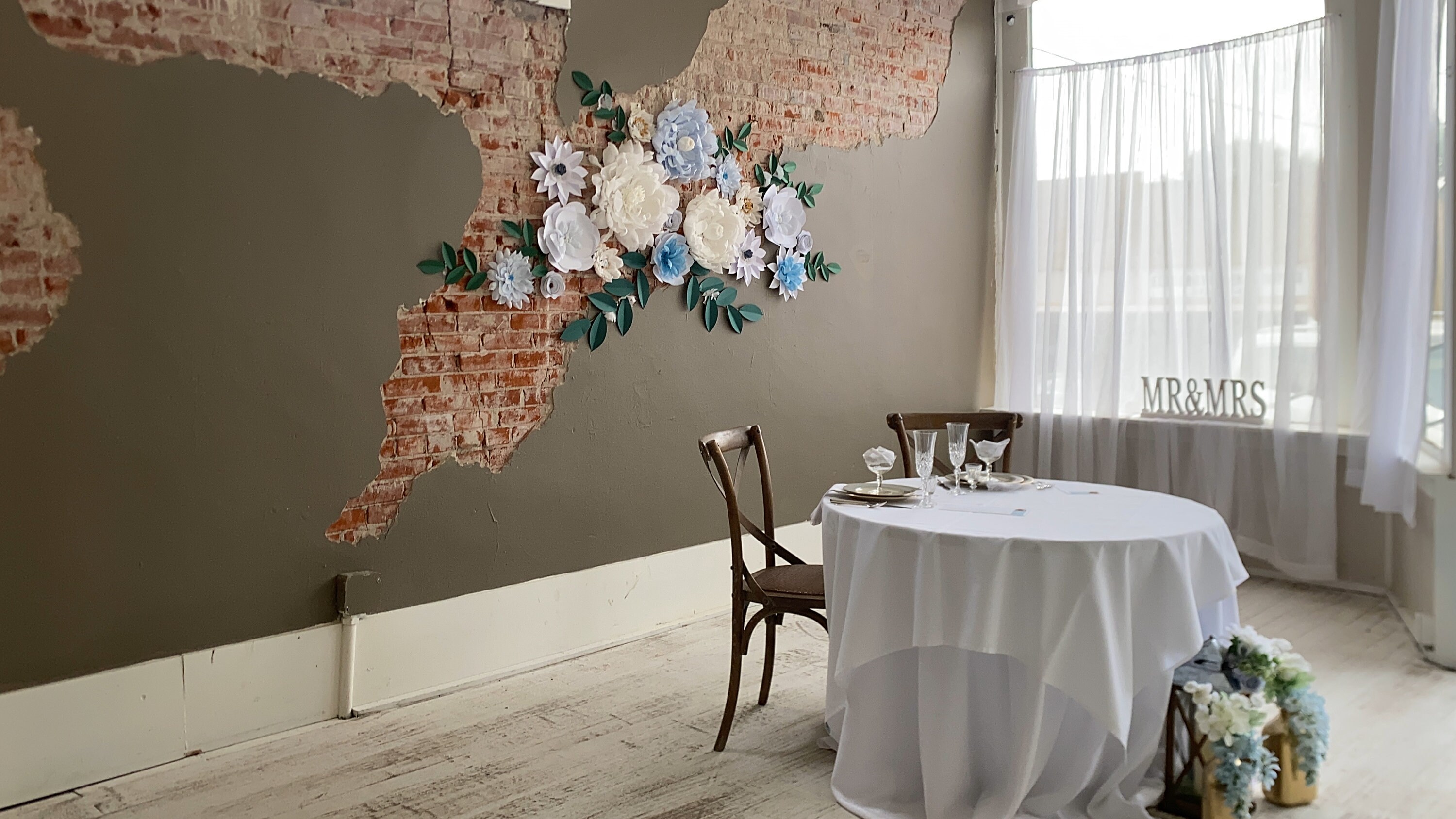 Soft blue and white paper flowers, soft blue nursery wall decor idea, sweetheart table wedding backdrop flowers