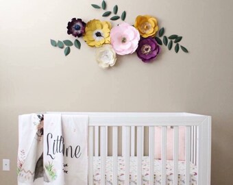 Plum nursery decor, Mustard yellow flower, jewel tone nursery, pink flower wall, eggplant purple paper flower