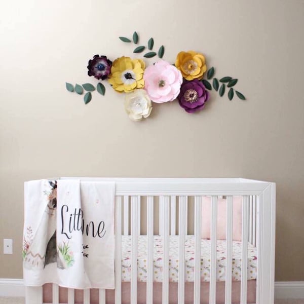 Plum nursery decor, Mustard yellow flower, jewel tone nursery, pink flower wall, eggplant purple paper flower