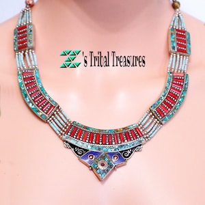 Turquoise Tibetaanse ketting, Nepalese ketting, slabbetje, Tibetaanse kralenketting, koraal en turquoise ketting, ketting voor haar, gratis verzending