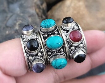 Turquoise ring,Onyx ring,Tibetan ring,Turquoise jewelry,Tibetan jewelry,Ring for her,Red ring,Sky blue turquoise ring, Amethyst ring