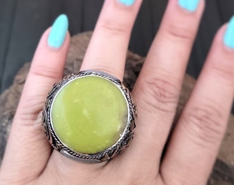 Turkmen Lime green and blue enamel stone ring,Kuchi ring,Gypsy ring,Tribal ring,Green ring,Chunky ring,Statement ring