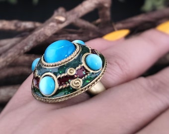 Indian cats eye ring,Blue cats eye ring,Meenakari ring,Indian jewlery,Gold tone ring,Enamel ring,Green blue ring,Sky blue cats eye