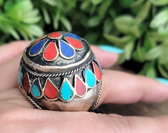 Afghan Dome Statement Ring,Lapis Ring,Turquoise Ring,Afghan Red,Lapis,and Turquoise Ring,Afghan Silver Ring,Blue Stone Ring,Free Shipping