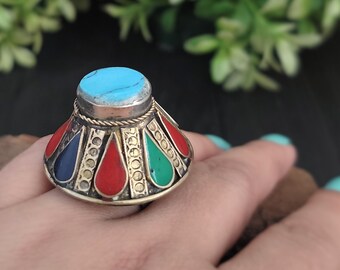 Turquoise and enamel stone ring,Gypsy turquoise ring,Belly dance jewelry,Turquoise stone,Kuchi ring,Afghan jewelry