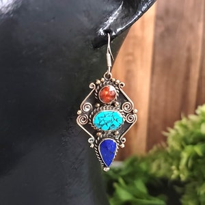 Nepali coral lapis and turquoise earrings,Ethnic earrings,Tibetan silver earrings,Tribal earrings,Turquoise,Gift for her,Silver earrings