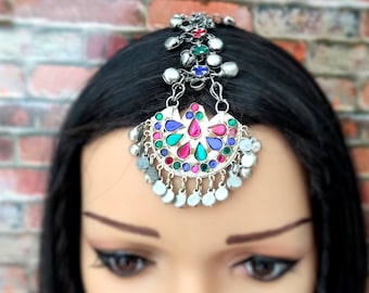 Turkman Tribal Head Wear, Turkmen Headpiece, Matha Patti, Hair jewelry Turkmen Tribal Ethnic Headpiece With Pink Glass Teardrop  main image 4