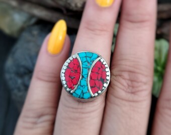 Tibetan earring and ring set,Turquoise ring,Turquoise earring,Nepali ring,Tibetan jewely,Tibetan earrings,Coral ring,Tibetan coral