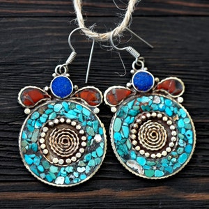 Coral and turquoise earrings,Ethnic earrings,Tibetan silver earrings,Tribal earrings,Gift for her,Tibetan jewelry,Turquoise Earrings