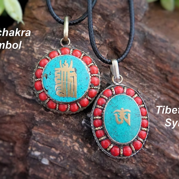 Tibetan Om symbol pendant,Kalachakra symbol,Men's pendant,Buddha mantra symbol,Coral pendant,Nepali jewelry,Turquoise pendant