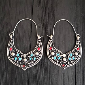 Kuchi earrings,Afghan jewelry,Silver tone earring,Hoop earring,Tribal earring,Hoops,Gypsy hoops,Afghan earrings,Black silver earrings