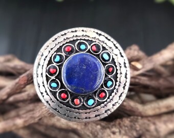 Lapis lazuli Kuchi Ring,Afghan Ring,Lapis lazuli Ring,Flower Ring,Gemstone Ring,Gypsy Ring,Blue Stone Ring,Gypsy jewelry,Free shipping,Rings