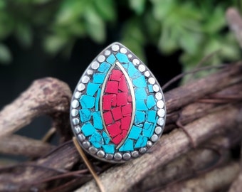 Tibetan earring and ring set,Turquoise ring,Turquoise earring,Nepali ring,Tibetan jewely,Tibetan earrings,Coral ring,Tibetan coral