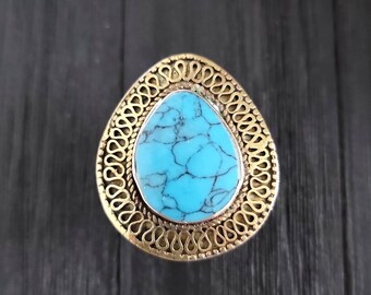 Large turquoise teardrop shape stone ring,Afghan ring,Gypsy ring,Hippie ring,Turquoise ring,silver ring,Afghan jewelry,Tribal jewelry