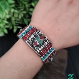 Tibetan turquoise and coral bracelet,Tibetan jewelry,Ethnic tribal style bracelet,Buddhist jewelry,Turquoise cuff bracelet,Coral bracelet