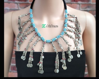 Afghan Necklace,Kuchi Necklace,Vintage Necklace,Blue Beaded necklace,Kuchi Jewelry,Gypsy Necklace,Boho Necklace,Bib Necklace