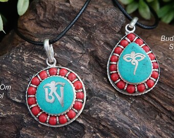 Tibetan Om symbol pendant,Buddha eyes symbol,Men's pendant,Buddha mantra symbol,Coral pendant,Nepali jewelry,Turquoise pendant