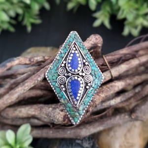 Lapis and turquoise mosaic inlay ring,Tibetan ring,Nepali turquoise ring,Lapis ring,Turquoise ring,Gypsy ring