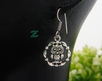 Owl Charm Earrings,Tibetan Silver Earrings,Owl Dangle Earrings,Tibetan Jewelry,Cute Earring,Tree Charm Earrings,Small Earring,Nature jewelry