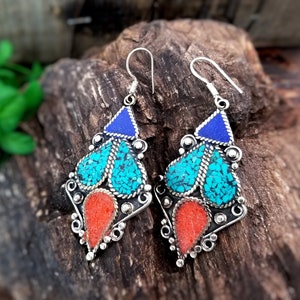 Nepali lapis coral and turquoise earrings,Ethnic earrings,Tibetan silver earrings,Tribal earrings,Coral earring,Gift for her,Lapis earring