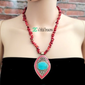 Coral and Turquoise necklace,Turquoise pendant,Red beads necklace,Beaded necklace,Coral necklace,Tibetan pendant,Tibetan jewelry