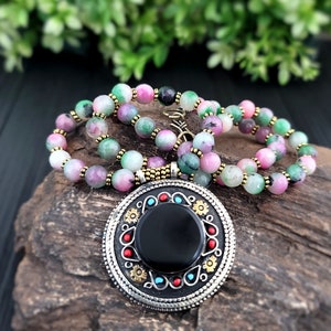 Black Onyx Pendant,Mutli Colord Agate Beads,Afghan Pendant,Onyx Stone,Black Onyx,Large Pendant,Beaded Necklace