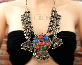 Impresionante collar de cadena de Cachemira, collar tribal, collar de piedra de esmalte rojo y azul, collar llamativo, joyería de Cachemira, collar bohemio