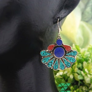 Coral and turquoise earrings,Ethnic earrings,Tibetan silver earrings,Lapis,Tribal earrings,Coral earring,Gift for her,Lapis earring