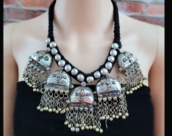 Kuchi bells and button necklace,Statement necklace,Bib necklace,Tribal necklace,Afghan Ethnic necklace,Free shipping