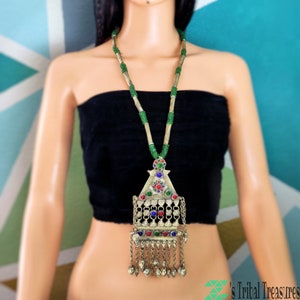 Kuchi Silver Tone Necklace,Bohemian Statement Necklace,Afghan Necklace,Gypsy Necklace,Tribal Necklace,Green Necklace,Large Necklace