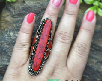 Red Howlite ring,Kuchi ring,Afghan ring,Gypsy ring, Tribal ring, Hippie ring, red Howlite stone, Afghan jewelry, Boho ring